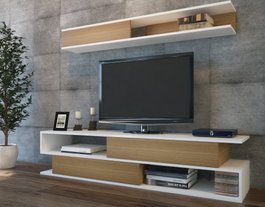 Hanah Home Mueble de TV Blanco y Teca con Estante de Pared